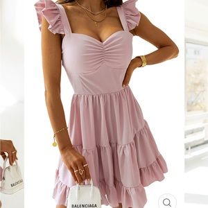 PINK FLUTTER SLEEVE RUFFLE HEM RUCHED DRESS
